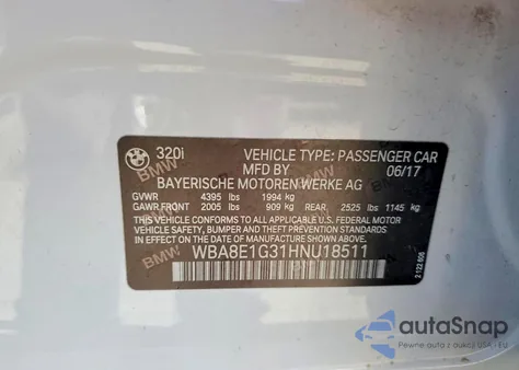 2017 BMW 320 I из США, поврежденный, VIN WBA8E1G31HNU18511